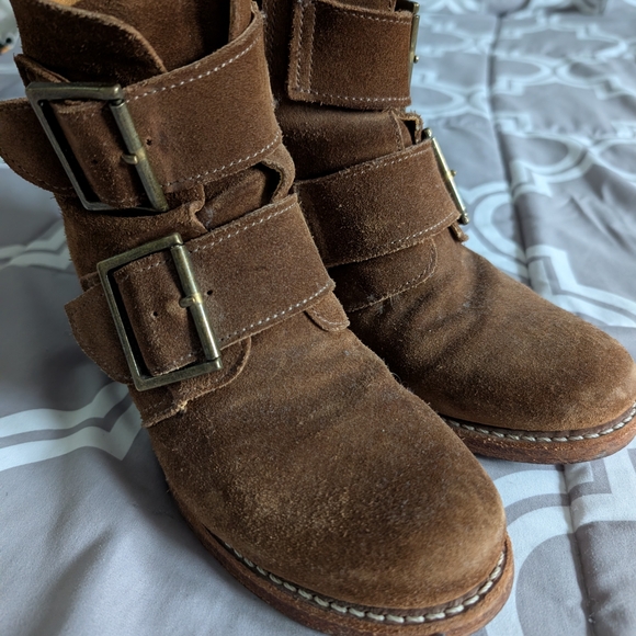 Frye Sabrina Brown Suede Heeled Boots with Buckles - Picture 2 of 7